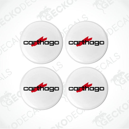 A set of four white vinyl stickers with the red and black logo of CARTHAGO printed on them.