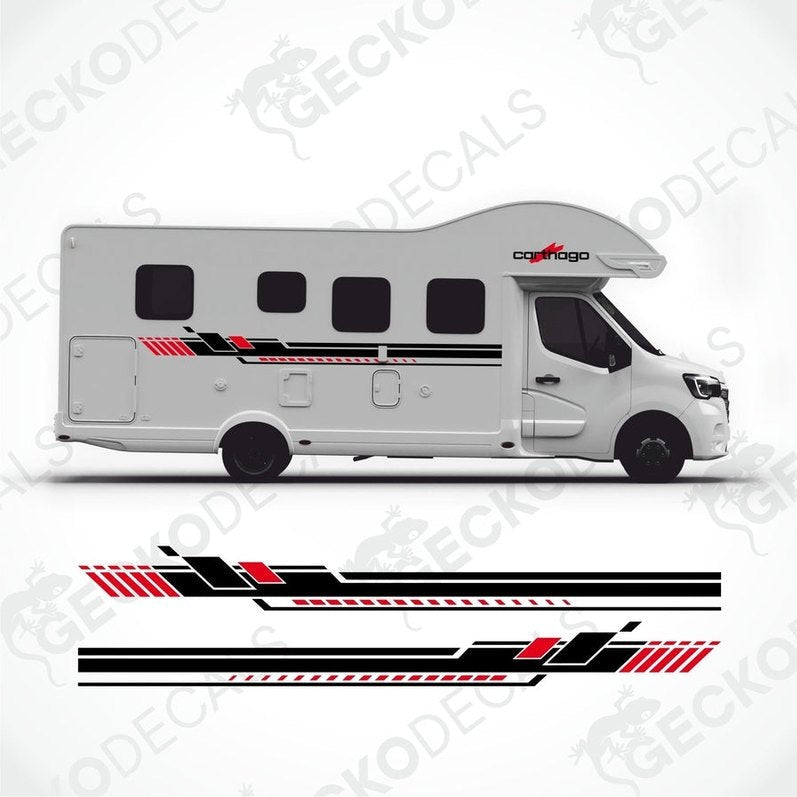 A set of decals for a CARTHAGO caravan, including side stripes and logos, displayed on a white background.