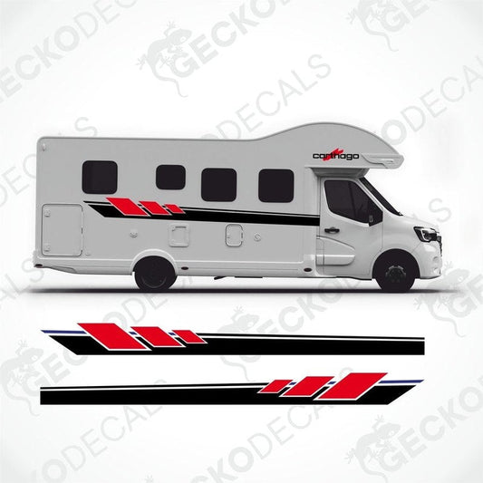 A white Carthago brand caravan with red and black decals and logos.