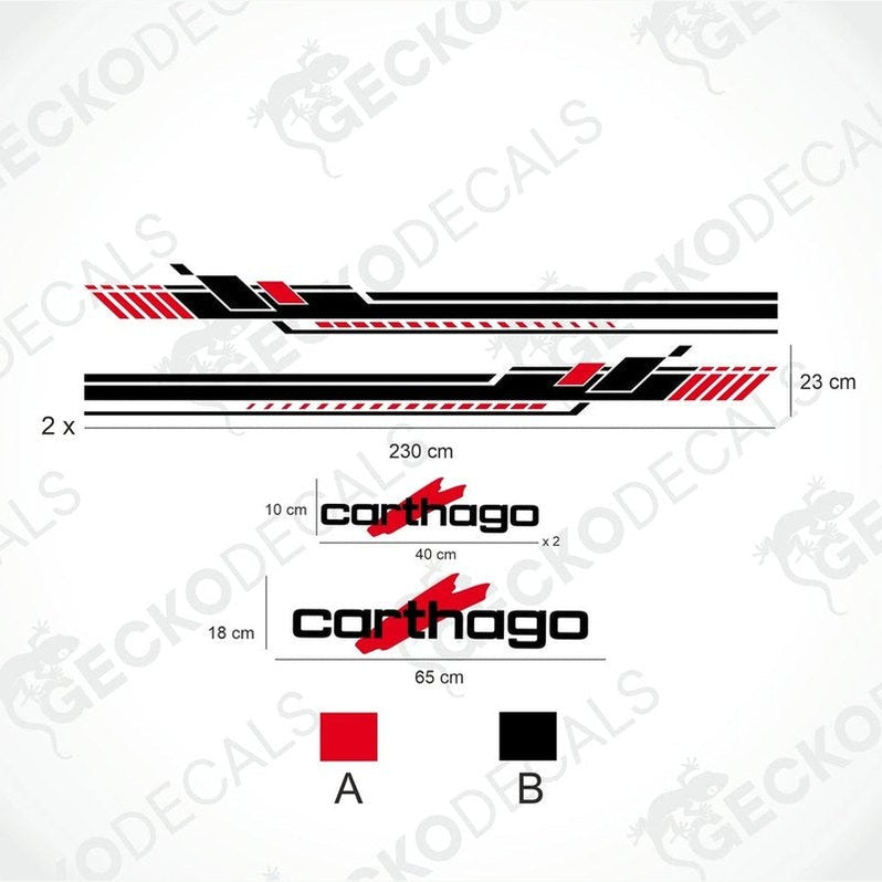 A set of decals for a CARTHAGO caravan, including side stripes and logos, displayed on a white background.