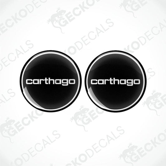 Two round black vinyl stickers with the word 'CARTHAGO' written in white. Gecko Decals logo is visible in the corner.