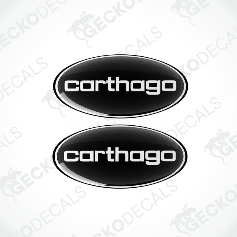 Two black vinyl decals with the word 'CARTHAGO' written in white.
