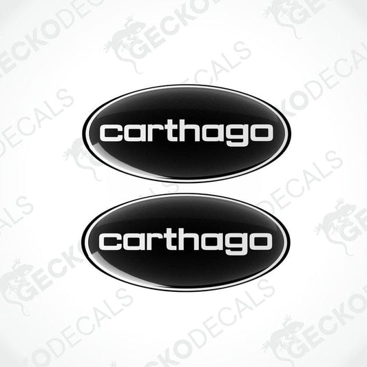 Two black vinyl decals with the word 'CARTHAGO' written in white.