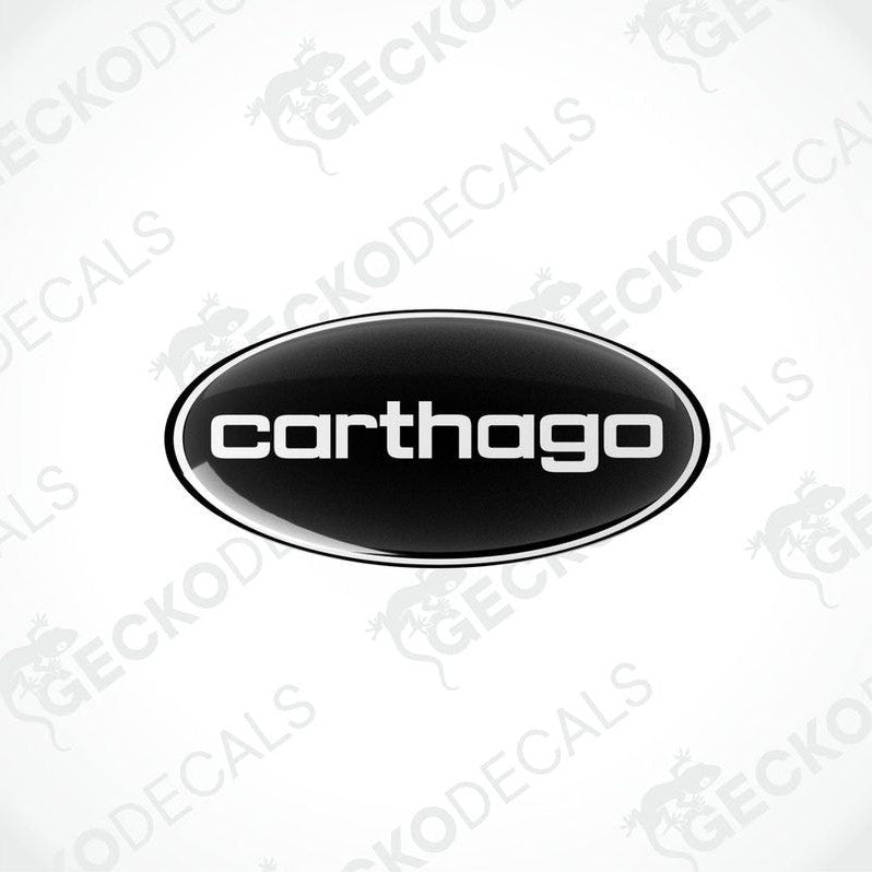 Two black vinyl decals with the word 'CARTHAGO' written in white.