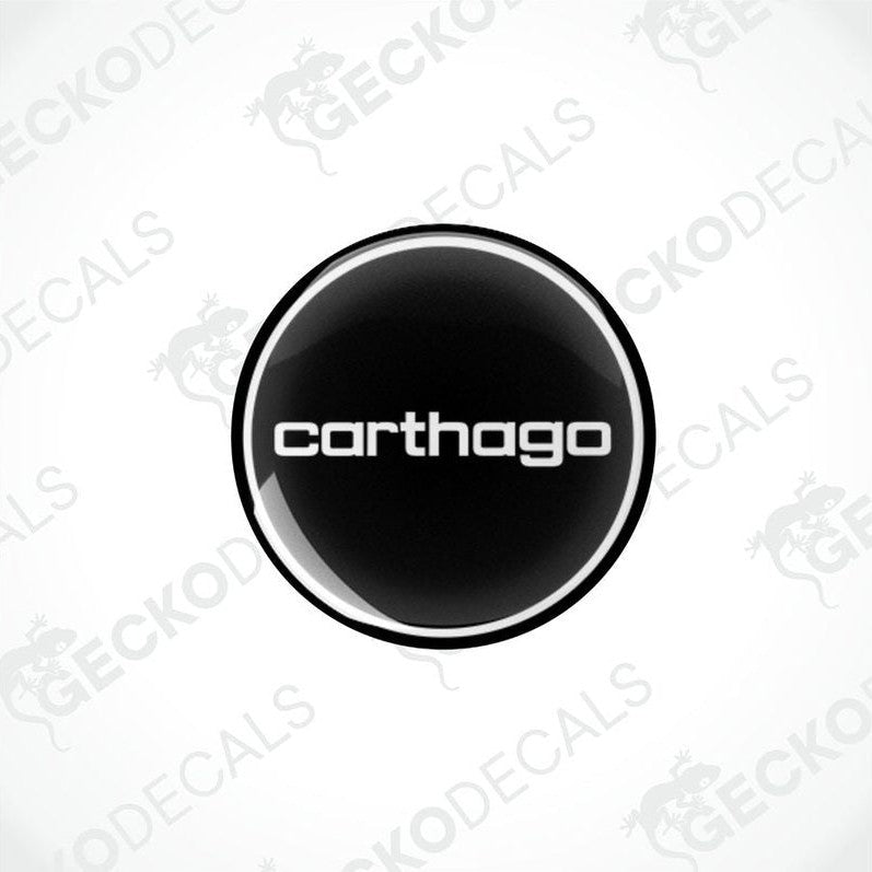 Two round black vinyl stickers with the word 'CARTHAGO' written in white. Gecko Decals logo is visible in the corner.