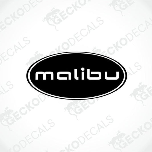 A black die cut sticker with the word 'MALIBU' in white letters, surrounded by a geometric design, delivered on a transfer paper with the text 'GECKODECALS'.