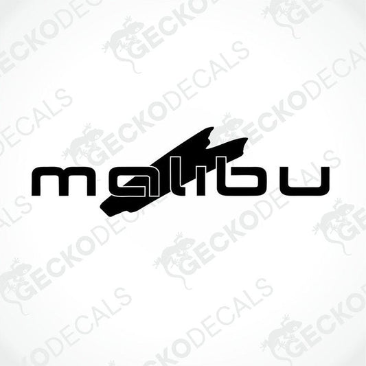 A die cut sticker with the text 'malibu' accompanied by a graphic symbol, predominantly in black color, displayed on a white background.