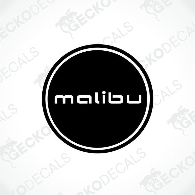 A black and white decal with the text 'malibu' in a circular design, intended for use on vehicles.