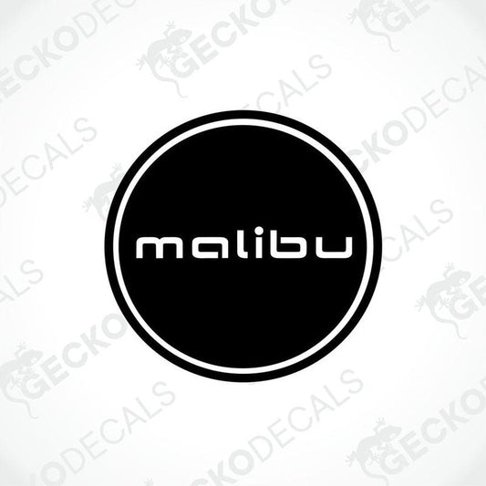 A black and white decal with the text 'malibu' in a circular design, intended for use on vehicles.