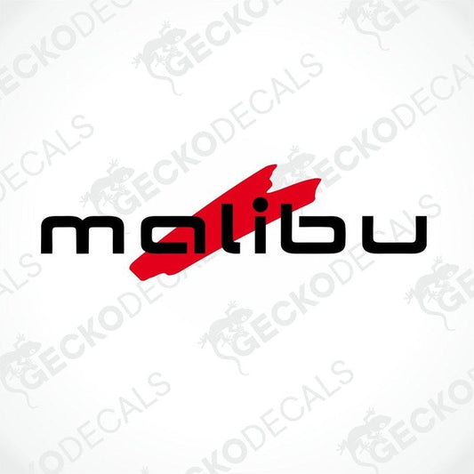 A die-cut sticker with a red and white design featuring the word 'MALIBU' in bold letters, delivered on a white background with a Gecko Decals logo.