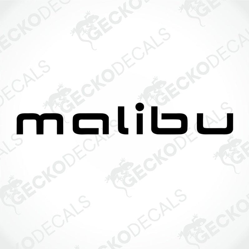 A black die cut sticker with the text 'malibu' on a white background, presented in a way that suggests it is a product for use on vehicles or other surfaces.