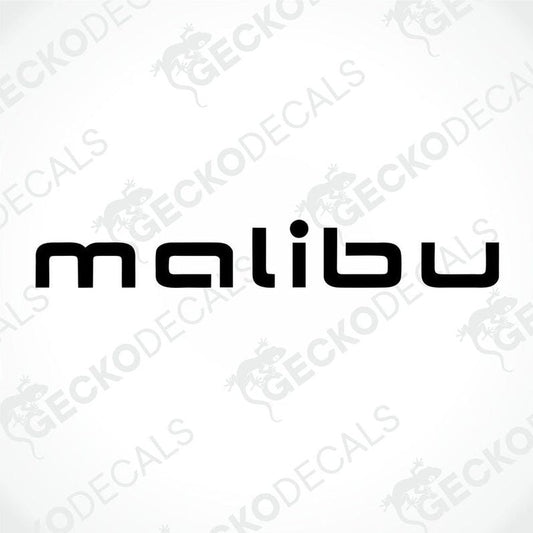 A black die cut sticker with the text 'malibu' on a white background, presented in a way that suggests it is a product for use on vehicles or other surfaces.