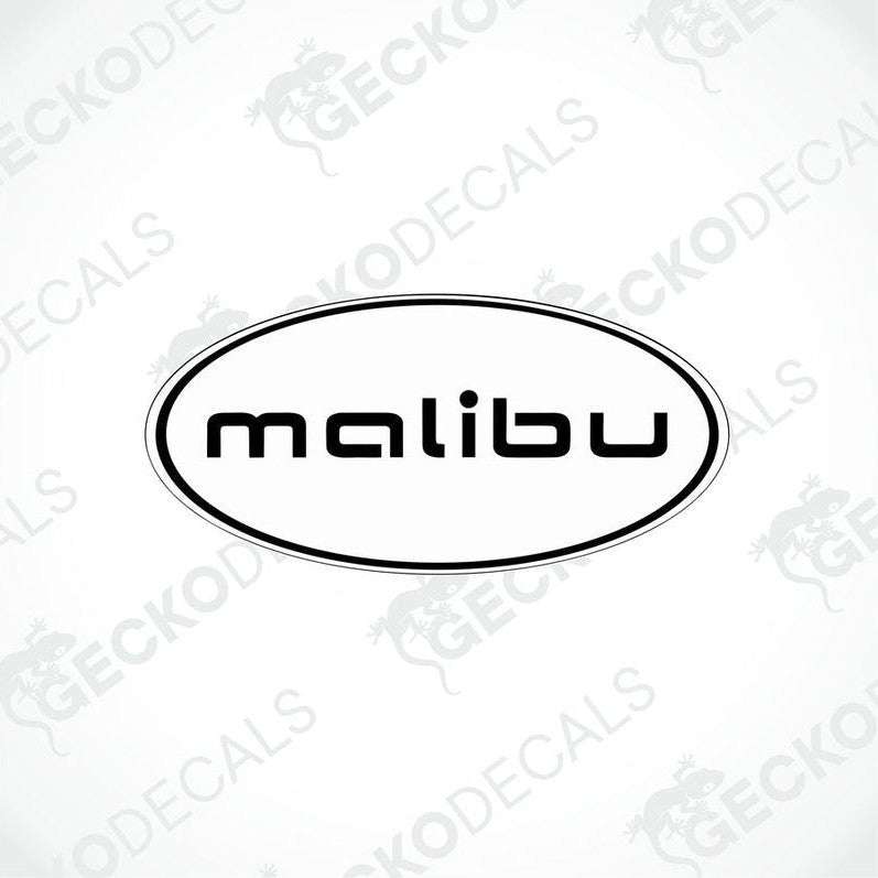 A die cut sticker with the text 'malibu' printed in black on a white background, encased in an oval border.