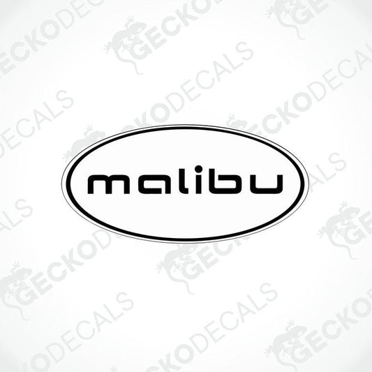 A die cut sticker with the text 'malibu' printed in black on a white background, encased in an oval border.