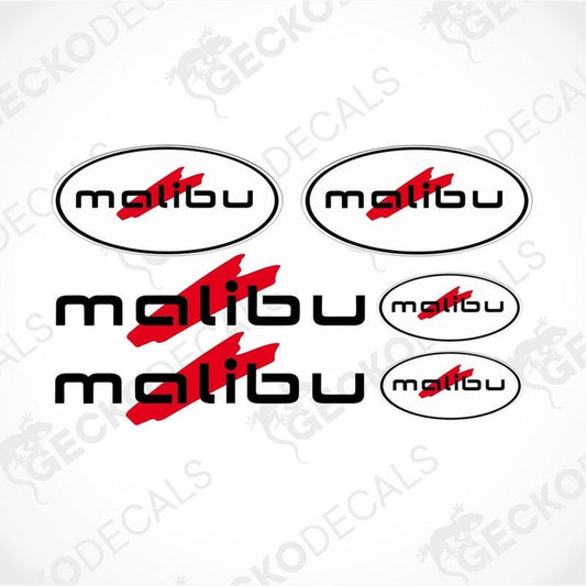 A set of black, red, and white stickers with the text 'malibu' and 'carthago', designed for use on caravans.