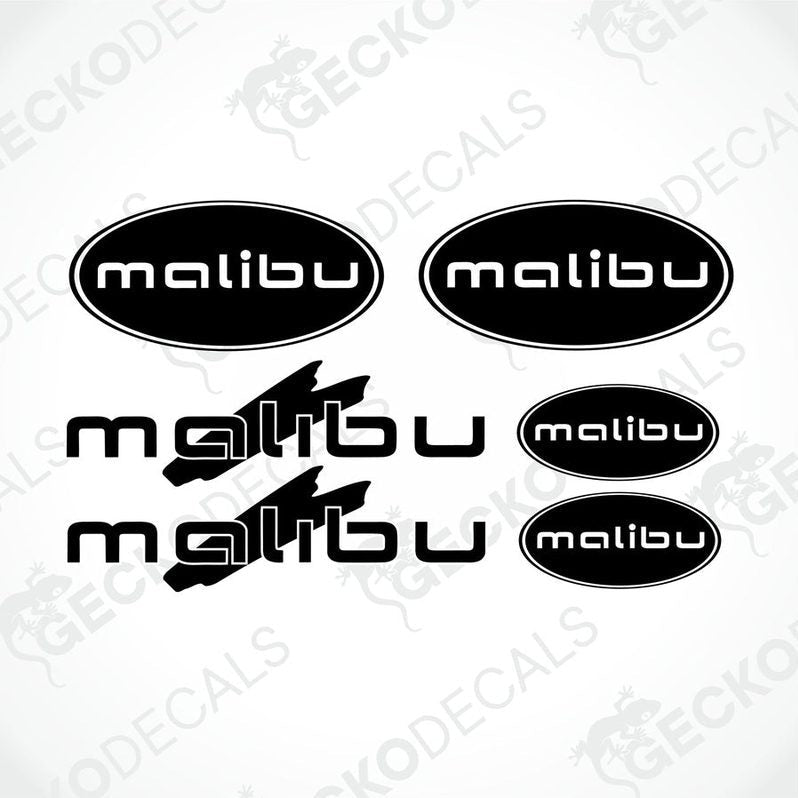A set of four black and white logo decals for CARTHAGO MALIBU caravans, including two oval logos and two text logos.
