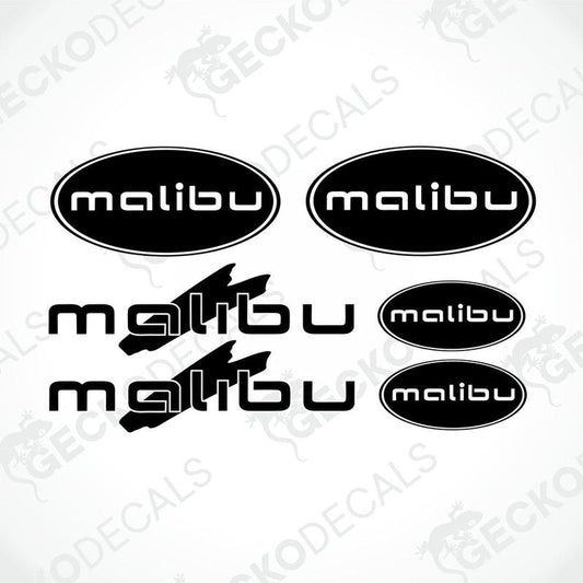 A set of four black and white logo decals for CARTHAGO MALIBU caravans, including two oval logos and two text logos.