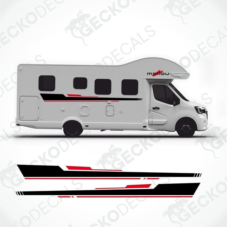 A white Carthago Malibu caravan with red and black decals and the Carthago brand logo on the side.
