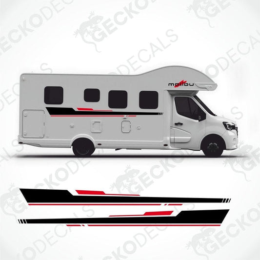 A white Carthago Malibu caravan with red and black decals and the Carthago brand logo on the side.