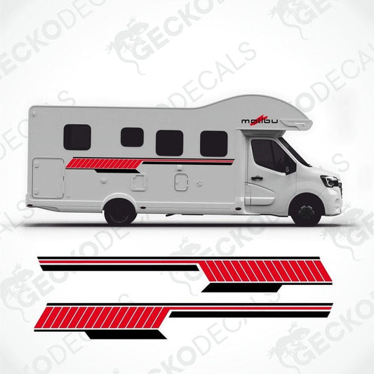 A set of decals for a Carthago Malibu caravan, featuring red and black stripes and the Malibu logo.