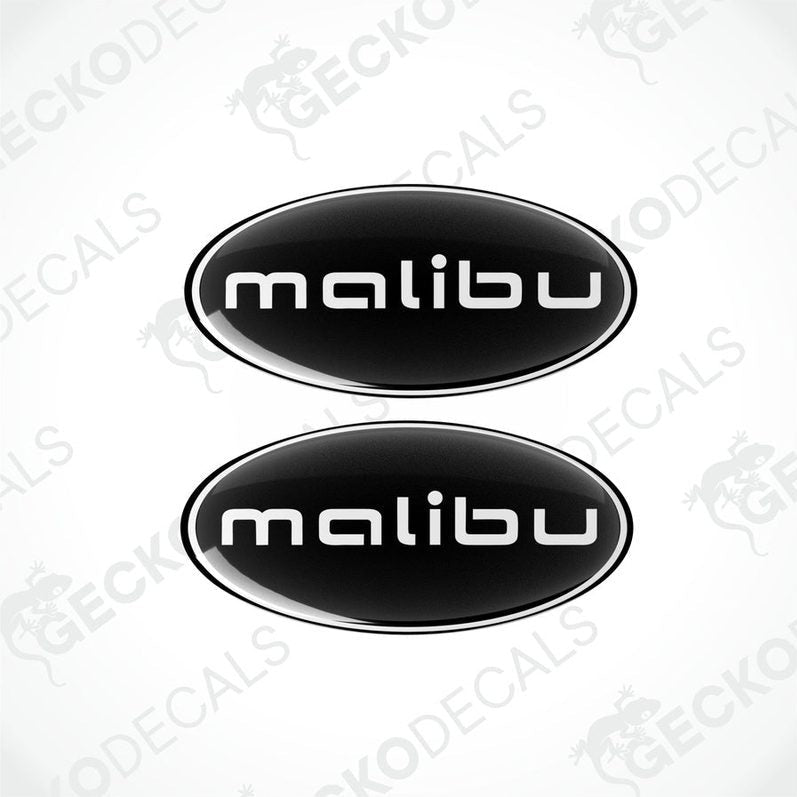Two ova black vinyl decals with the word 'malibu' written in white letters.