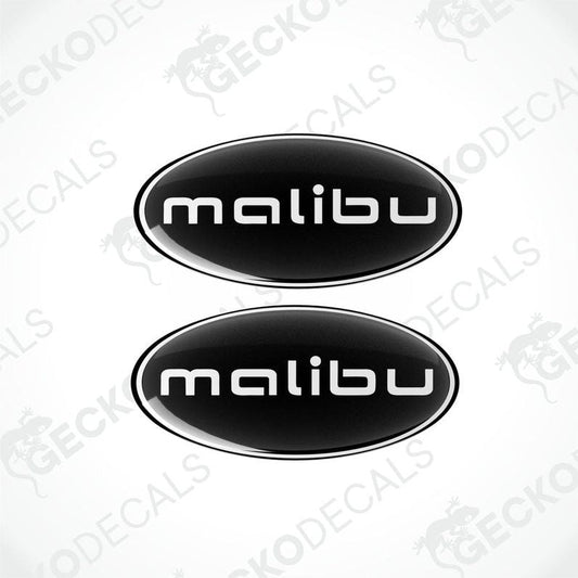 Two ova black vinyl decals with the word 'malibu' written in white letters.