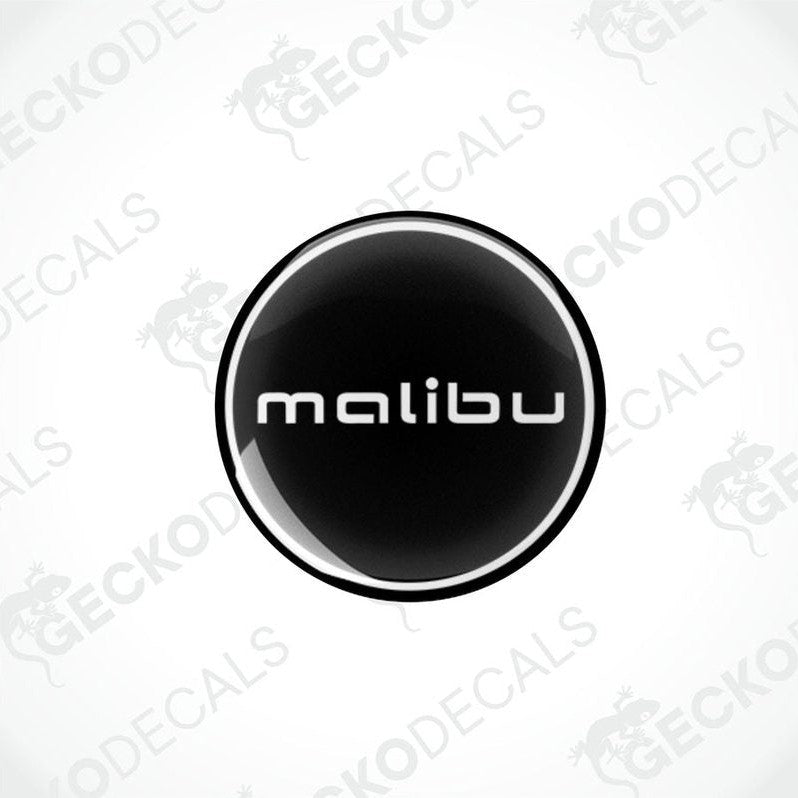 Two round black vinyl decals with the word 'malibu' written in white letters.