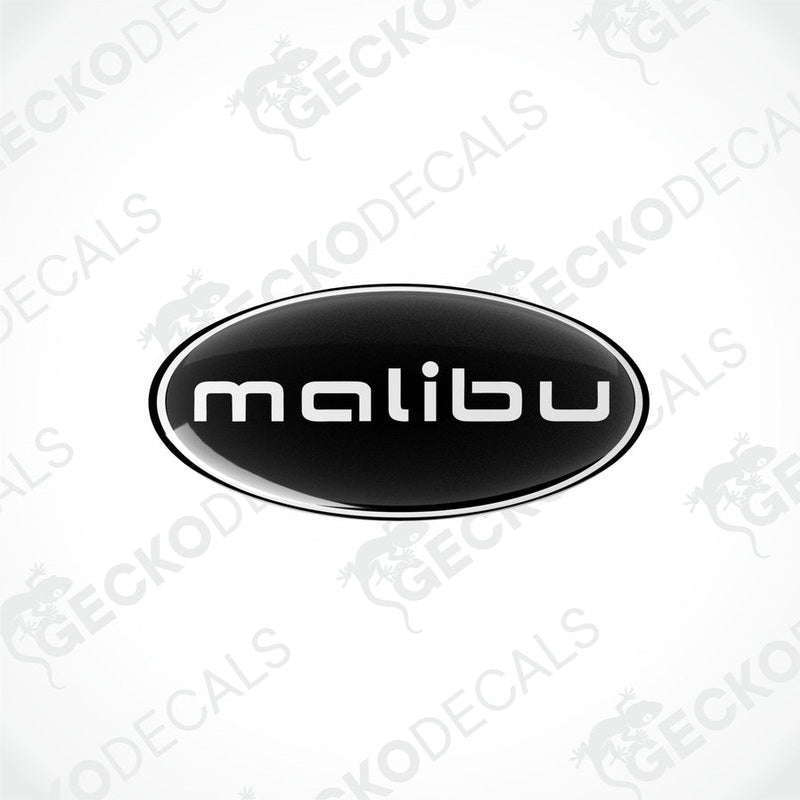 Two ova black vinyl decals with the word 'malibu' written in white letters.