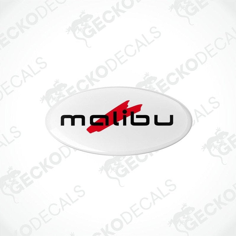 Two white oval-shaped epoxy decals with the text 'malibu' and a red arrow on them.