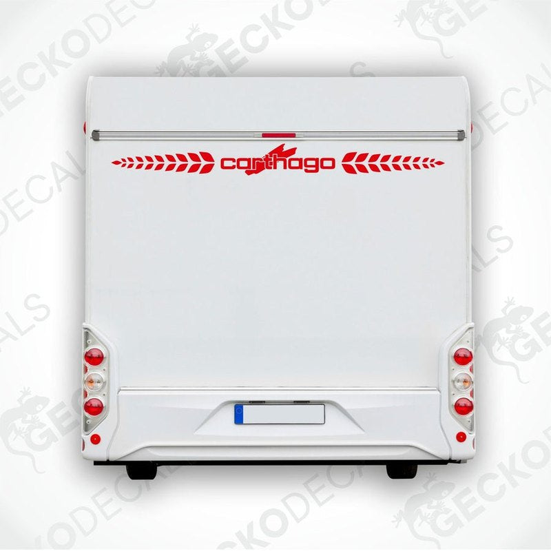 A white Carthago caravan with a red and black decal on the rear side.