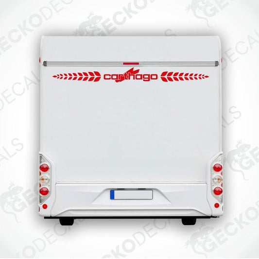 A white Carthago caravan with a red and black decal on the rear side.