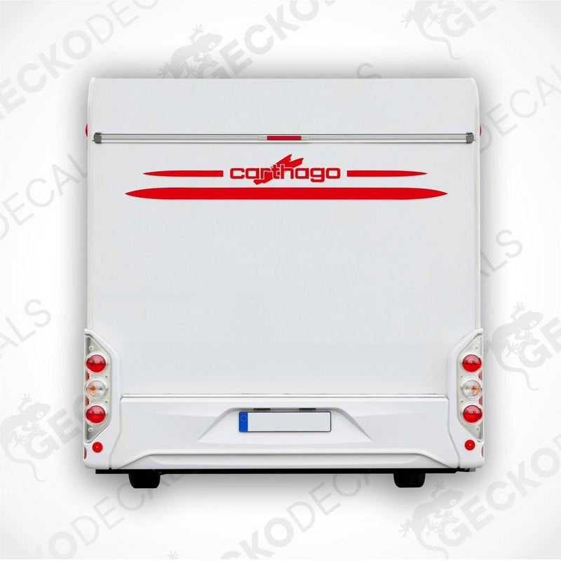 A white rear decal with the red 'carthago' brand logo applied on the lower part of a vehicle's rear side.