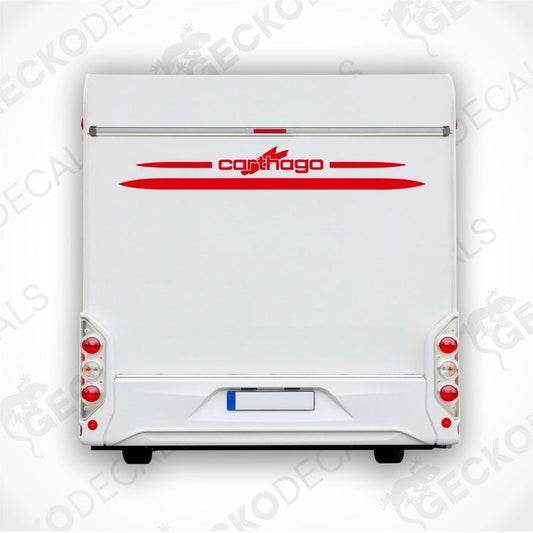 A white rear decal with the red 'carthago' brand logo applied on the lower part of a vehicle's rear side.