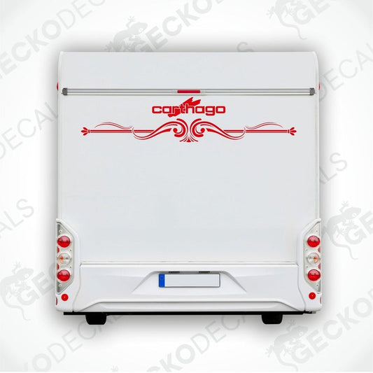 A white Carthago caravan with a red and black decal on the rear side.