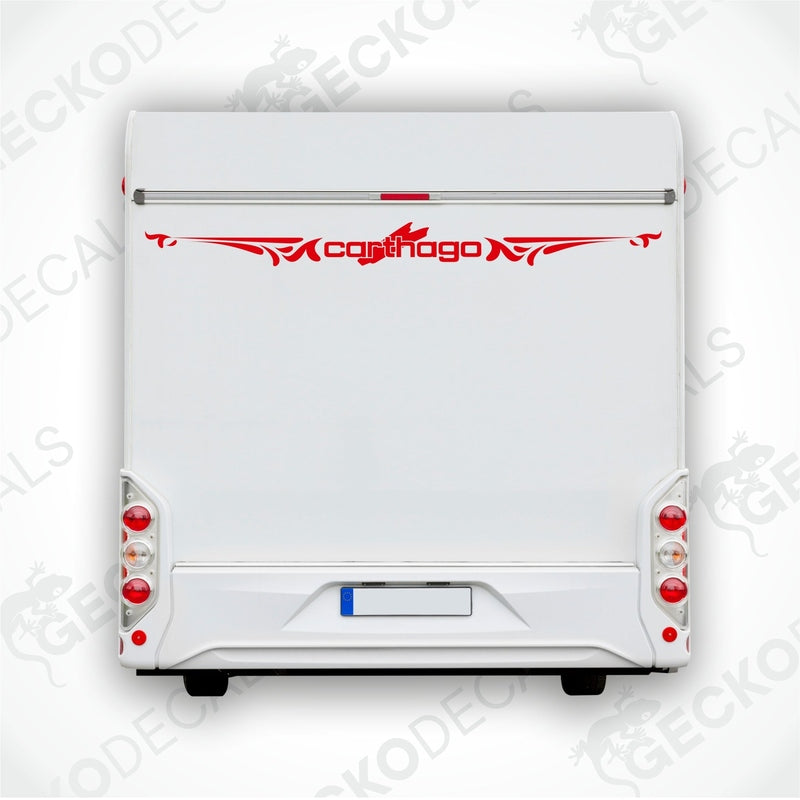 A die cut sticker with the 'Carthago' brand logo, designed for use on vehicles, displayed on a white surface.