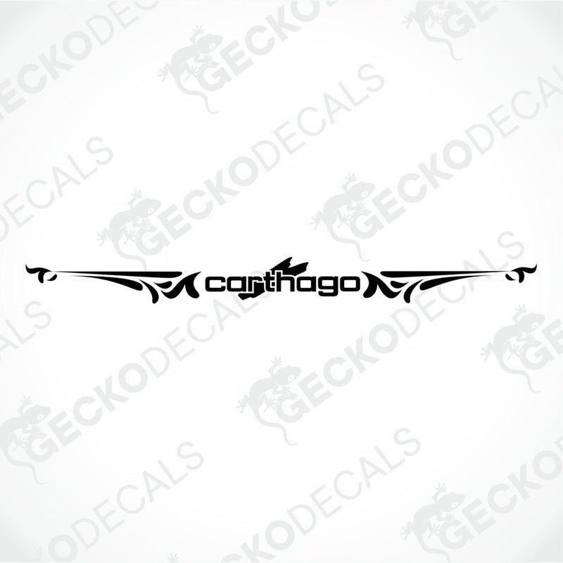 A die cut sticker with the 'Carthago' brand logo, designed for use on vehicles, displayed on a white surface.