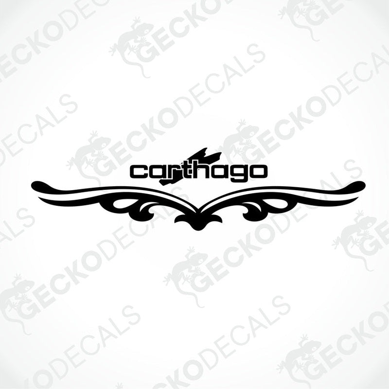 Rear decal of a white caravan with the 'Carthago' brand logo featuring red and black design elements.