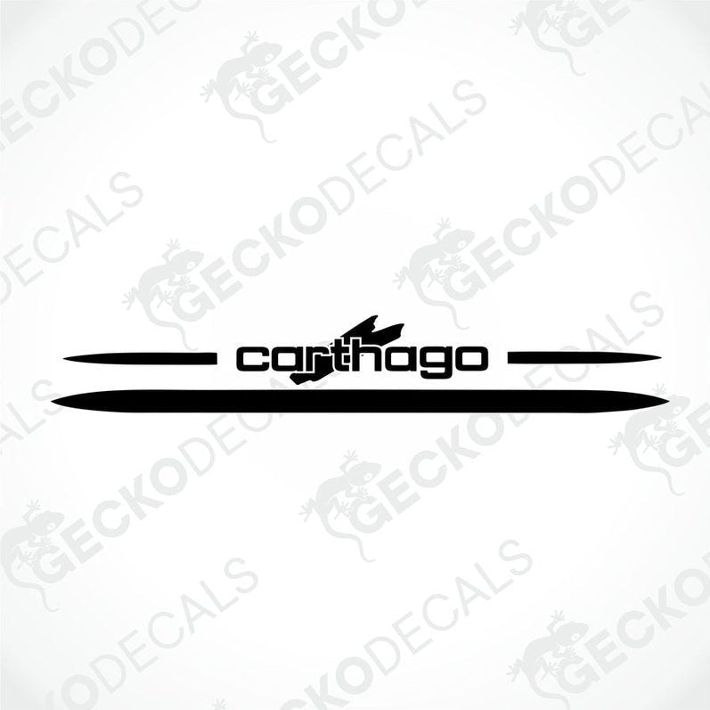 A white rear decal with the red 'carthago' brand logo applied on the lower part of a vehicle's rear side.