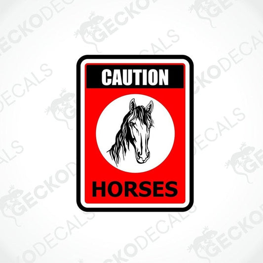 CAUTION HORSES laminated vinyl decal with horse head graphic for car or truck