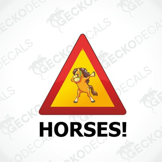 A yellow triangular warning decal with a cartoon image of a horse and the word 'HORSES!' in bold black letters.
