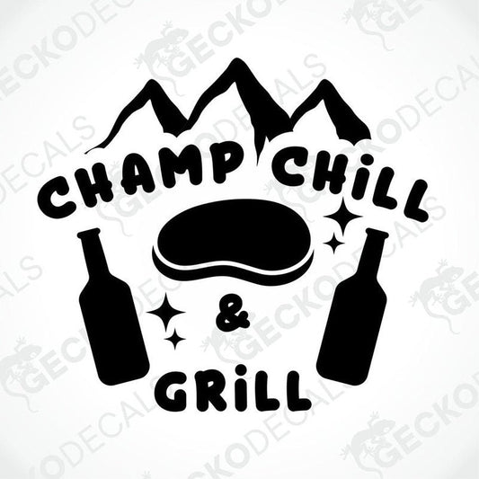 Black CHAMP CHILL & GRILL die-cut decal with mountain peaks and burger graphic for camping