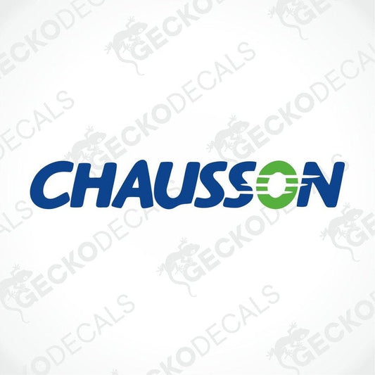 A white die cut sticker with the brand name 'CHAUSSON' in blue and green colors, accompanied by the Gecko Decals logo.