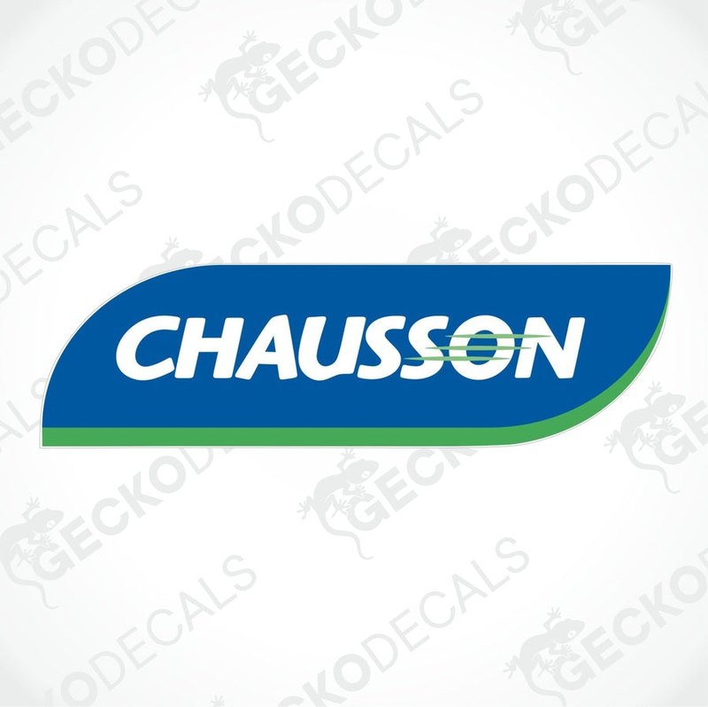 A blue and white die cut sticker with the brand name 'CHAUSSON' printed on it.
