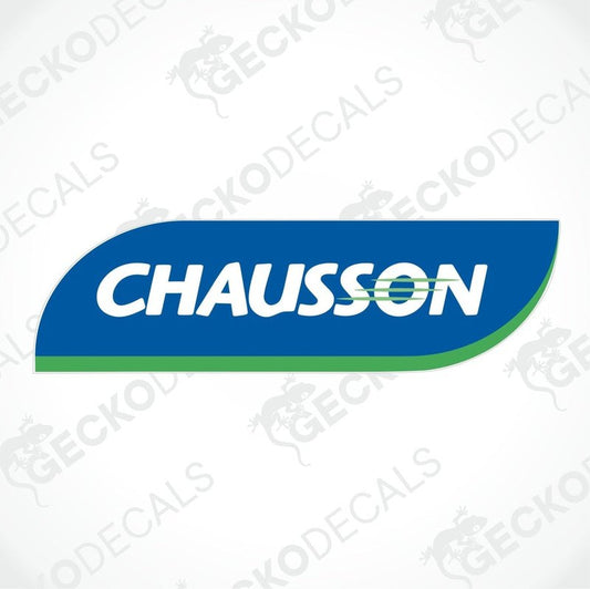 A blue and white die cut sticker with the brand name 'CHAUSSON' printed on it.