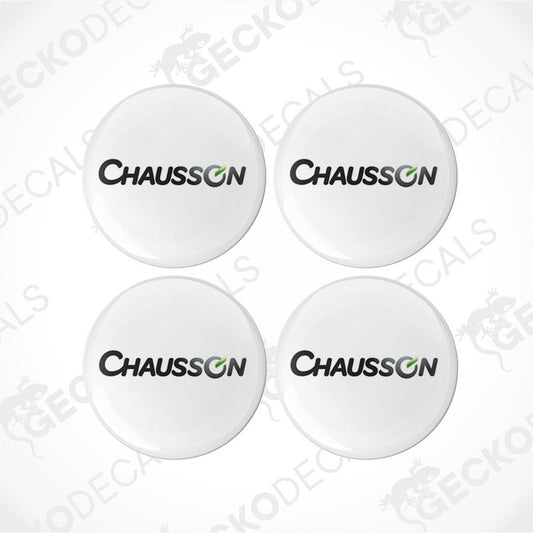 Set of four white vinyl decals with the CHAUSSON brand name and logo, designed for use on caravans.
