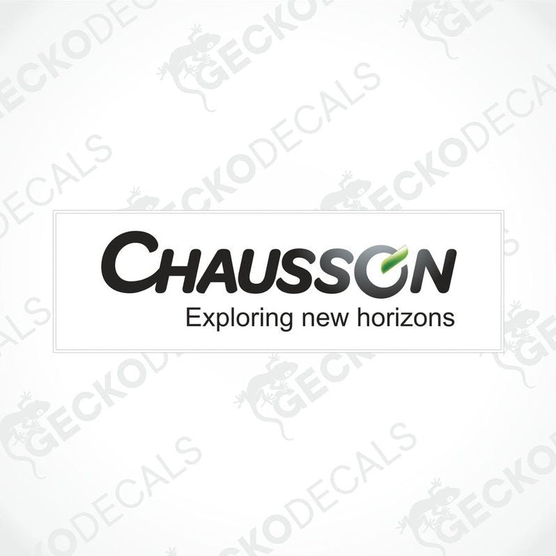 A die cut sticker with the brand name 'Chausson' and the tagline 'Exploring new horizons'.
