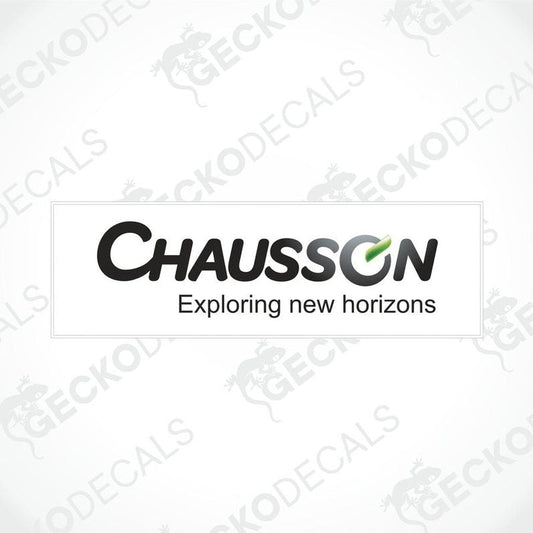 A die cut sticker with the brand name 'Chausson' and the tagline 'Exploring new horizons'.