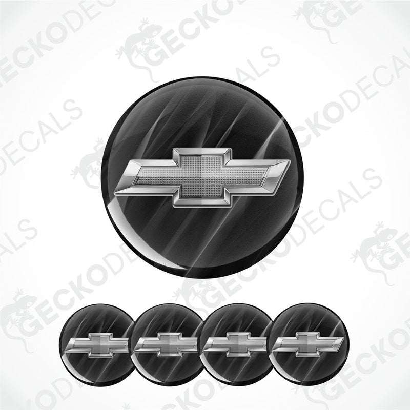 3D silver metallic Chevrolet logo on a black smoky background epoxy decal set