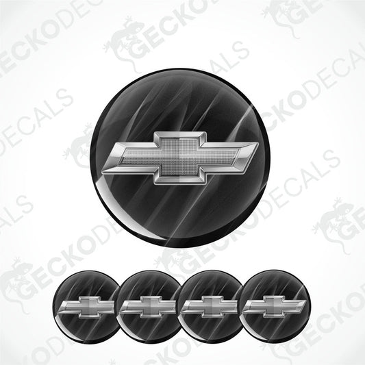 3D silver metallic Chevrolet logo on a black smoky background epoxy decal set