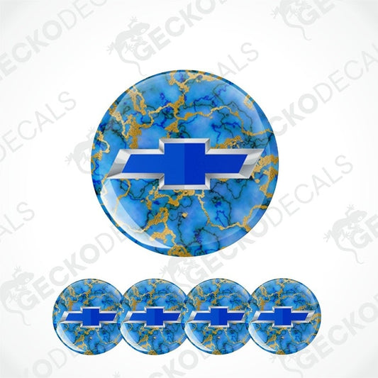 blue and gold marble background with silver metallic trim inside blue chevrolet logo epoxy decal set